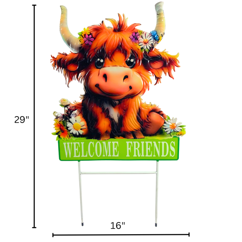 29" Metal Welcome Friends Hairy Cow Yard Stake