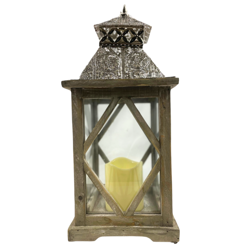 16" Wooden Lantern w/ LED Candle