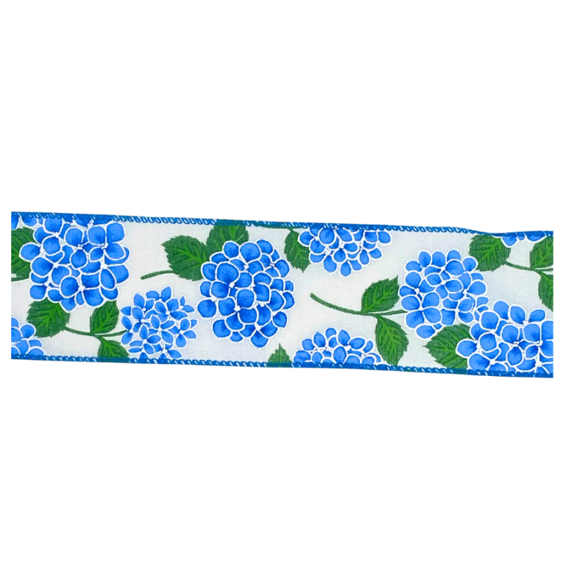 2.5" x 10yd Blue Hydrangeas on White Ribbon