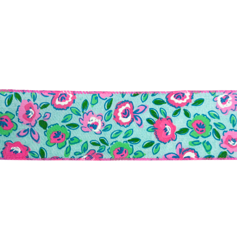 2.5" x10yd Blue and Pink Floral Ribbon