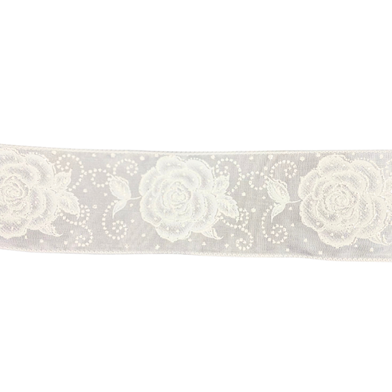 2.5" x 10yd Beaded Glitter Rose Wired Ribbon - White