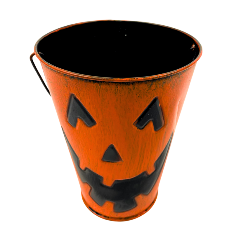 6.5" Orange Painted Jack O' Lantern Tin Bucket