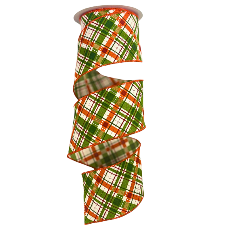 2.5" x 10yd Green and Orange Diagonal Plaid Ribbon