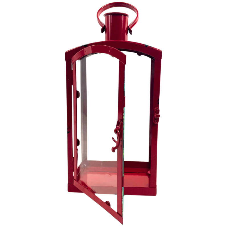 19" Distressed Red Metal Candle Lantern