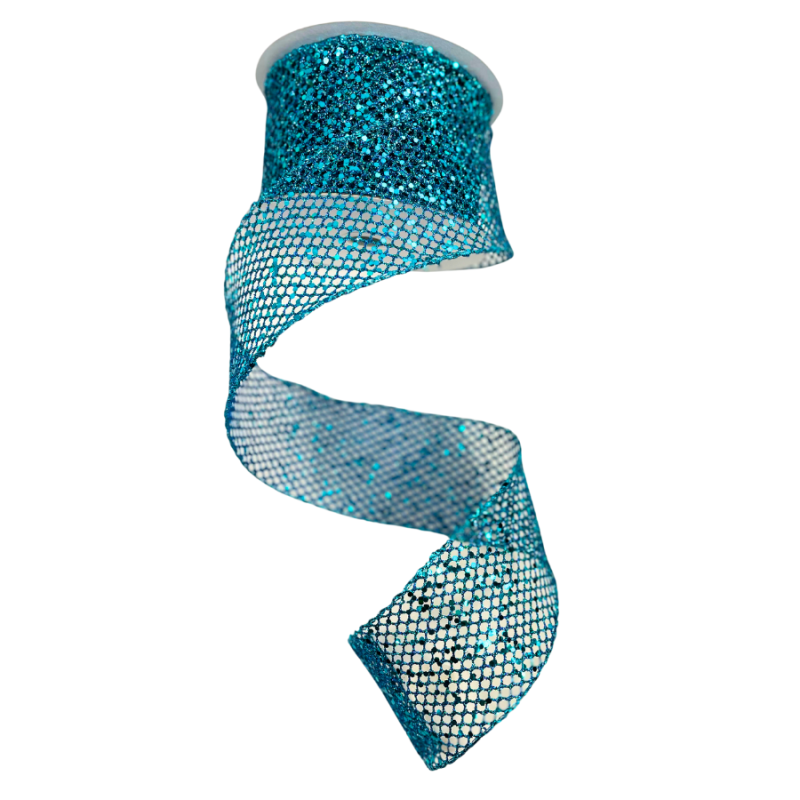 2.5" x 10yd Aqua Blue Sequin Mesh Wired Ribbon