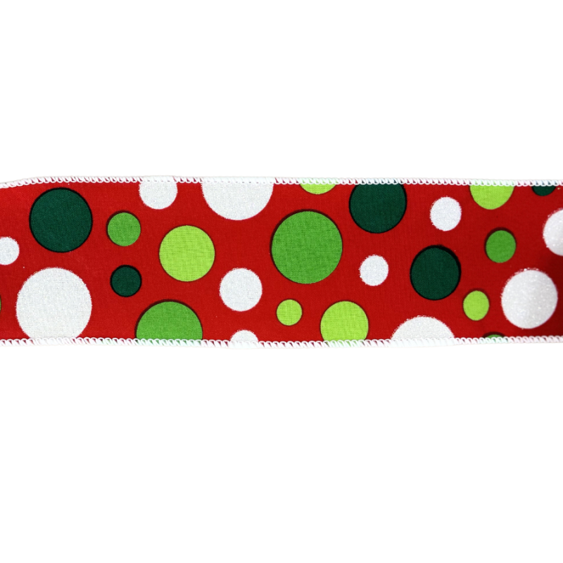 2.5" x 10yd Green and White Polka Dot on Red Ribbon