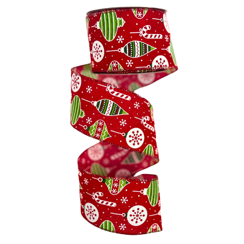 2.5" x 10yd Ornaments and Candy Canes on Red Ribbon