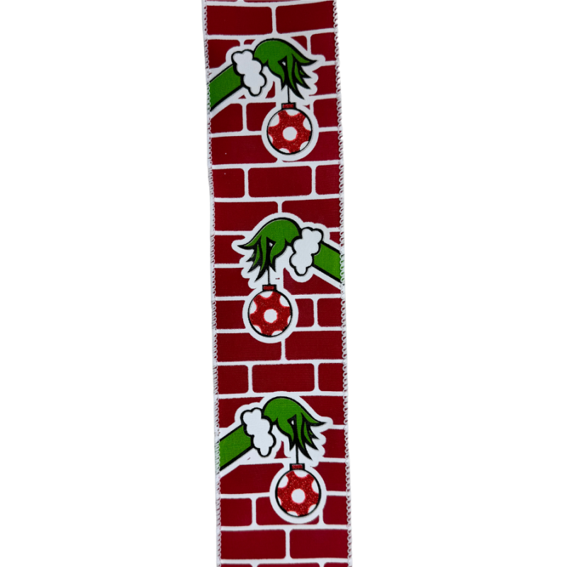 2.5" x 10yd Red Bricks with Grinch Hand Ribbon