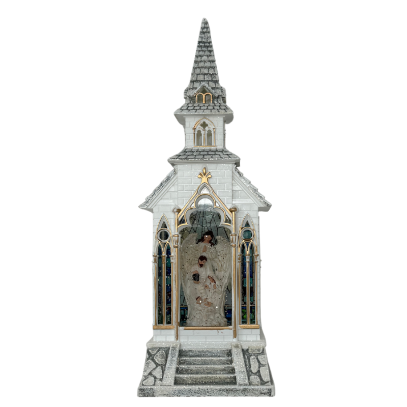 13.5" Church Nativity w/ Angel Glitter Lantern