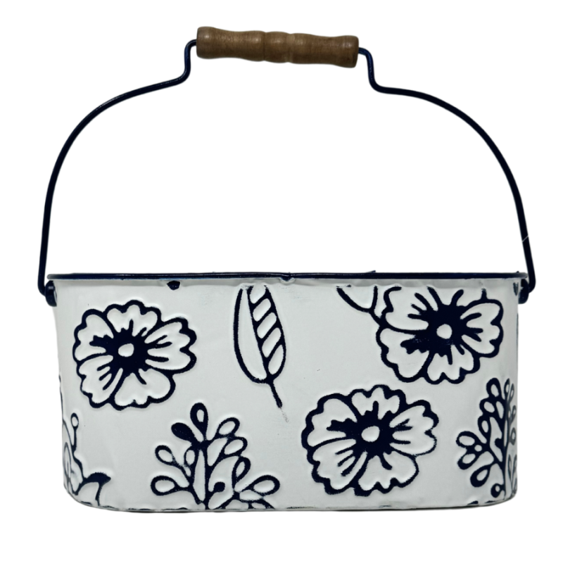 White & Navy-Blue Floral Metal Bucket