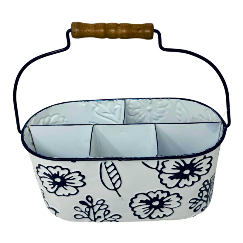 White & Navy-Blue Floral Metal Bucket