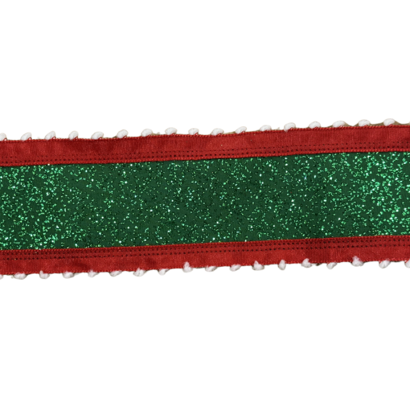 2.5" x 10yd Green and Red Ribbon with White Pom Pom Border