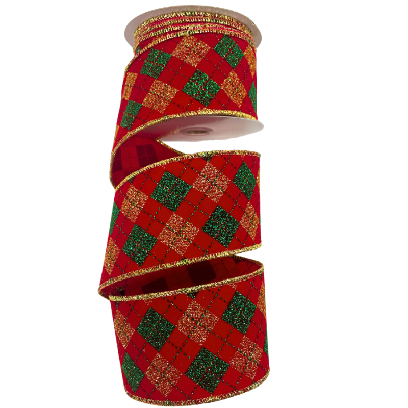 2.5" x 10yd Green and Gold Diamonds on Red Ribbon