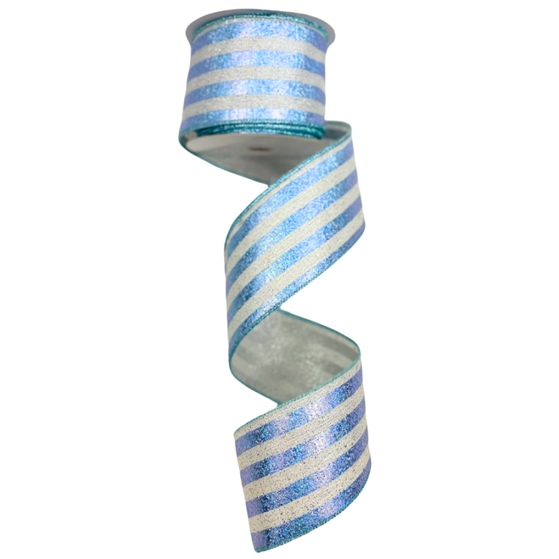 2.5" x 10yd Baby Blue & Silver Metallic Stripped Ribbon