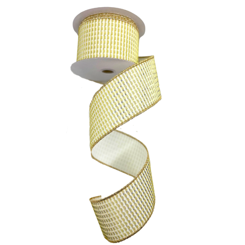 2.5" x 10yd Metallic Gold and White Patterned Ribbon