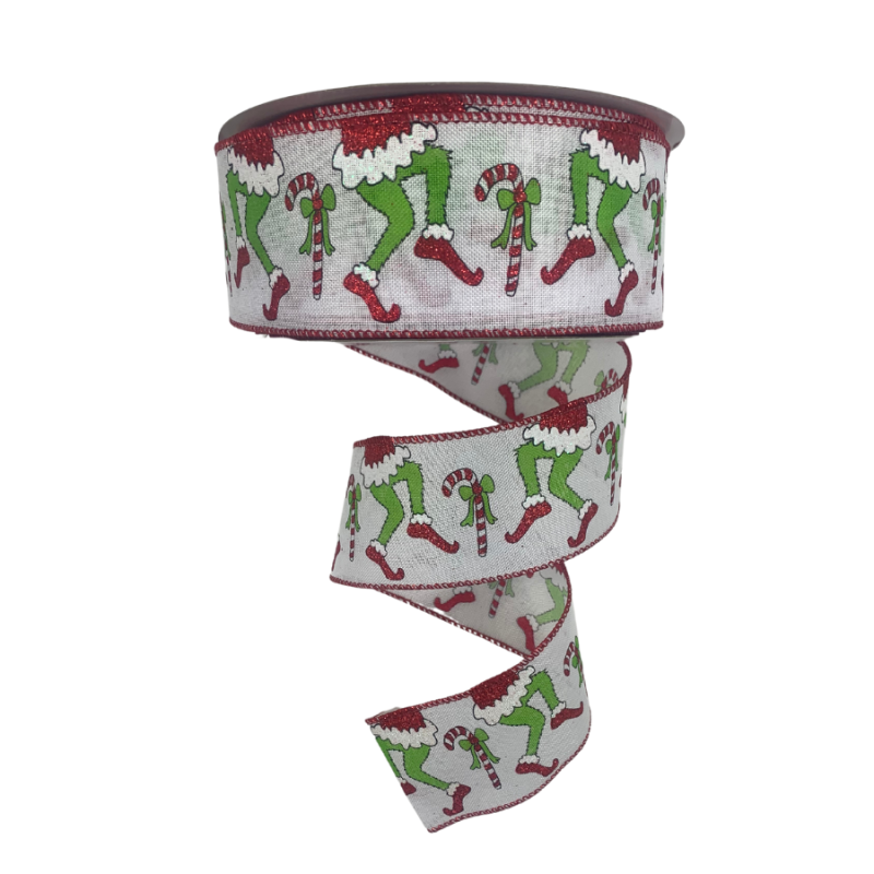 2.5" x 100ft Grinch Tip Toe w/ Red Edge Ribbon