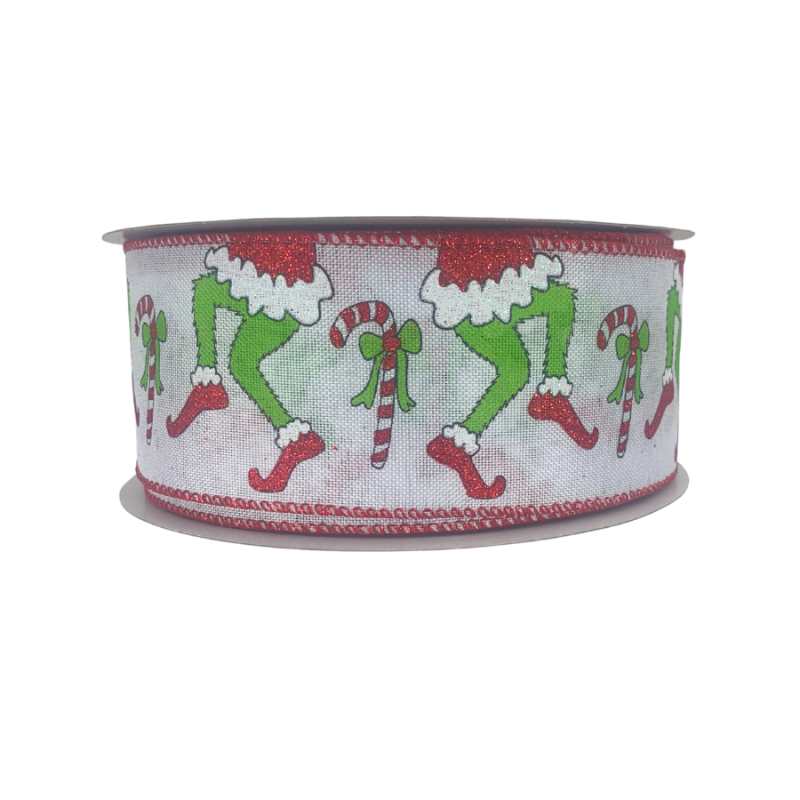 2.5" x 100ft Grinch Tip Toe w/ Red Edge Ribbon