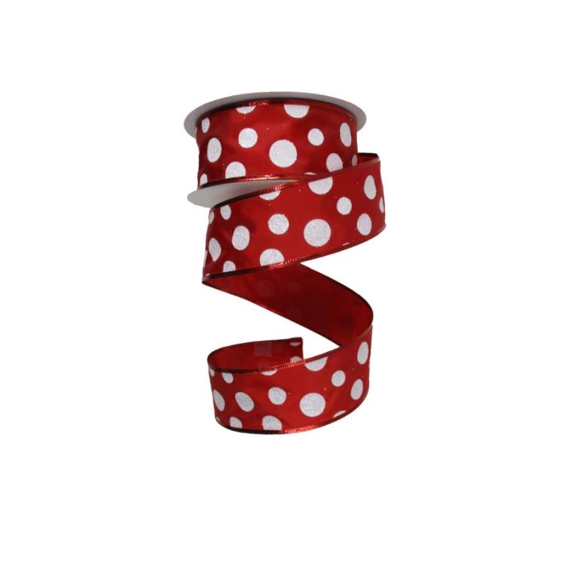 2.5" x 100ft White Glitter Polka Dots on Red Ribbon