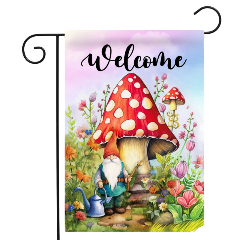 Mushroom Gnome Welcome Garden Flag