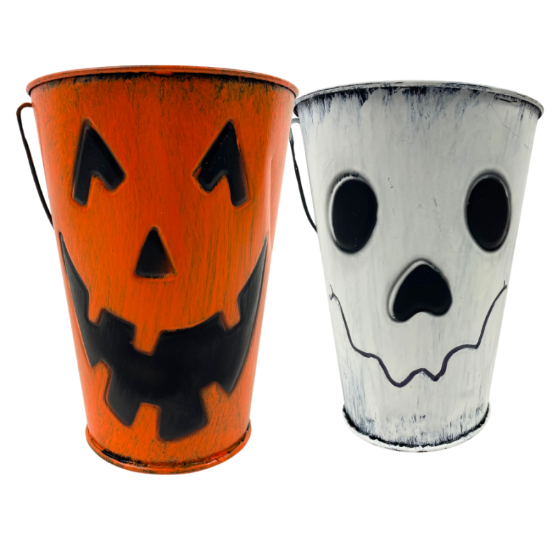 6.5" Orange Painted Jack O' Lantern Tin Bucket