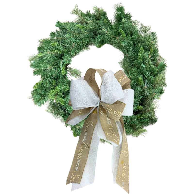 30" Pine Wreath w/ White & Brown Reason for the Season Bow