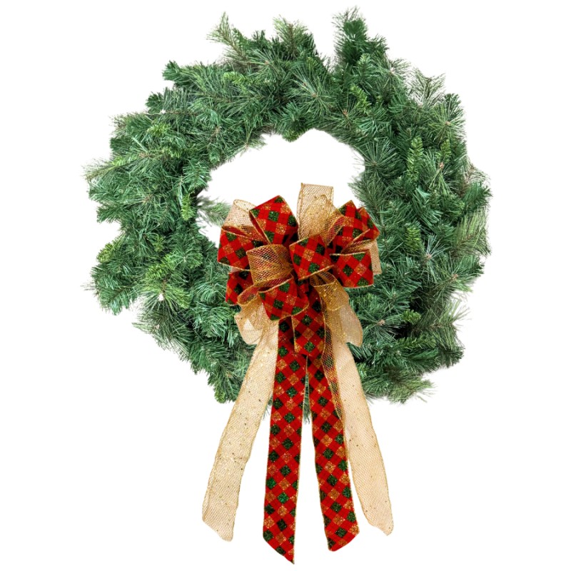 24" Pine Wreath w/ Red & Green Plaid Bow