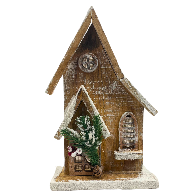 11" Brown Light-up House with Snow