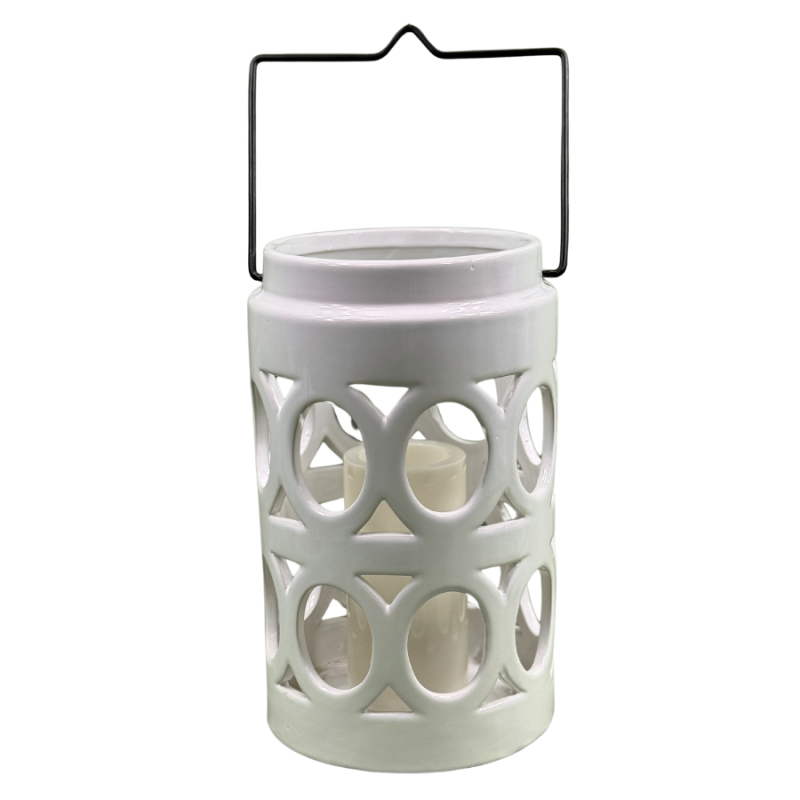 12" White Ceramic Lantern with Flameless Flickering Candle