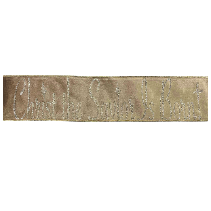 4" x 10yd Christ Is Born - Natural w/ Gold Edge Ribbon