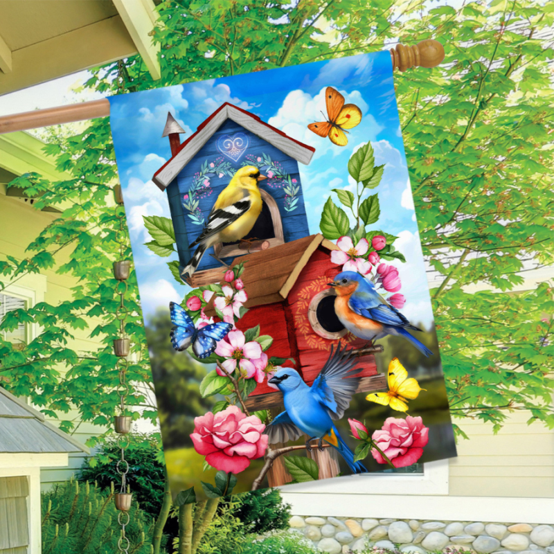 Floral Birdhouses House Flag