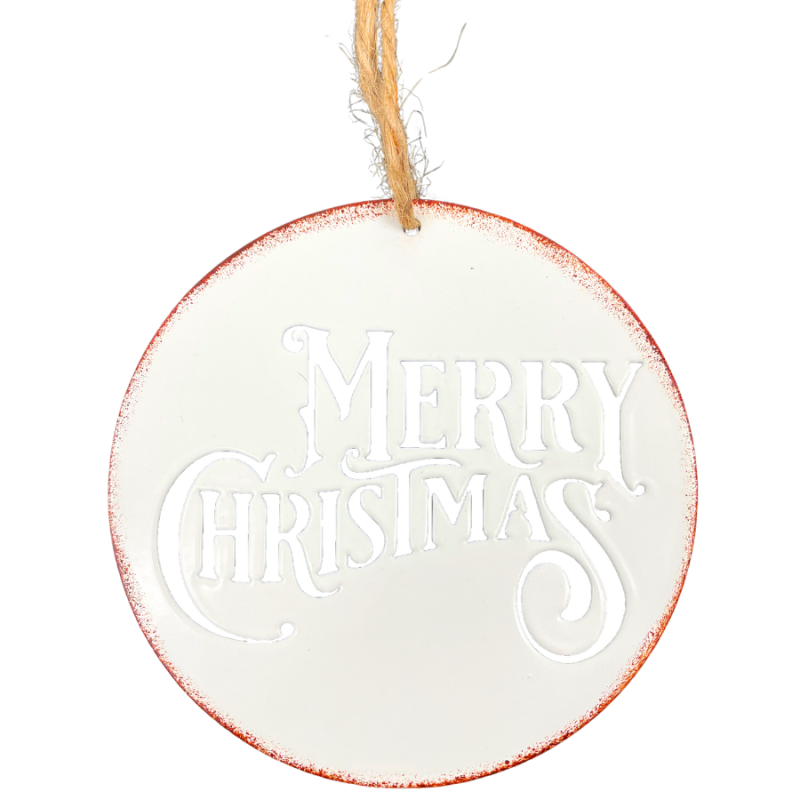 Round Merry Christmas Ornament w/ Red Trimming