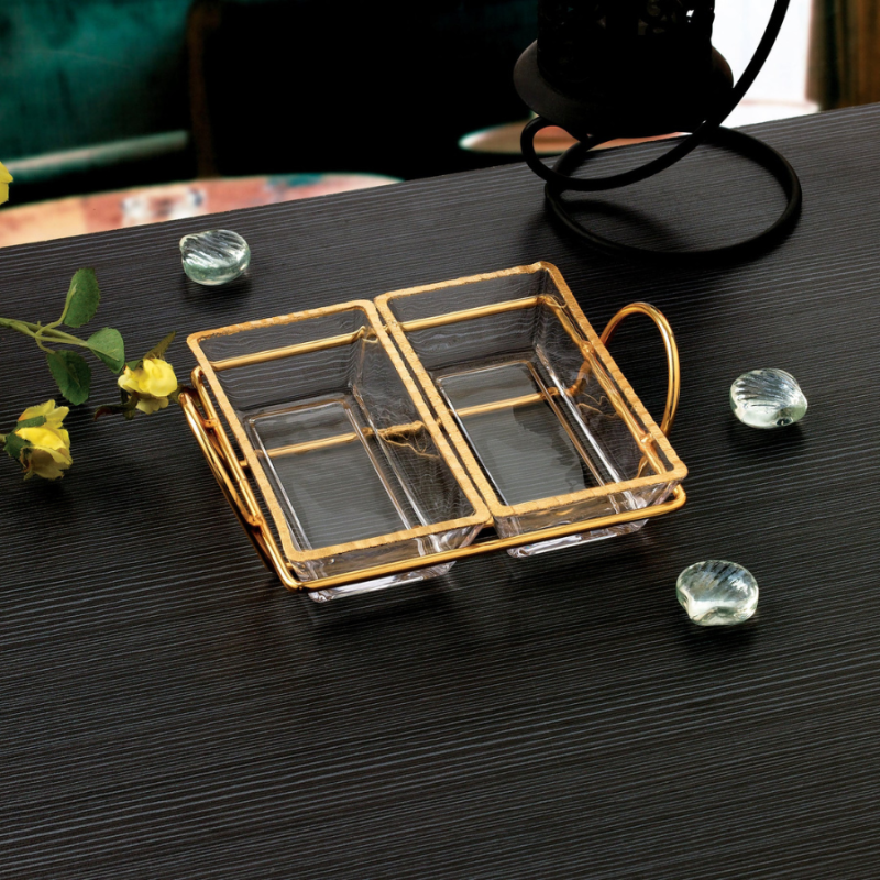 Gold Serving Tray w/ Glass Dishes