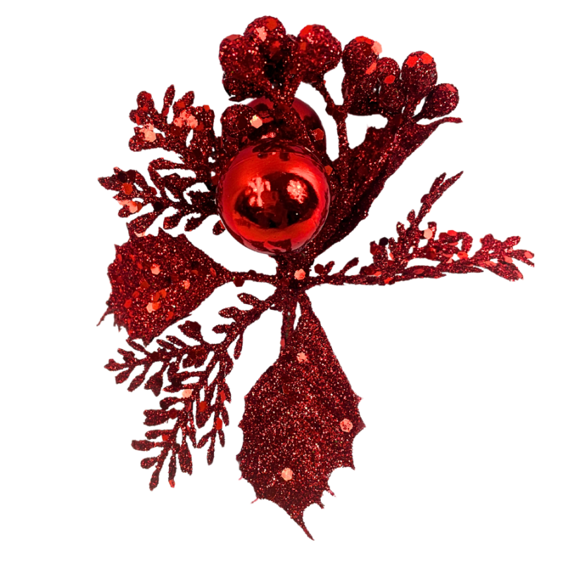 7" Glitter Holly and Cedar w/ Ornament Pick- Red