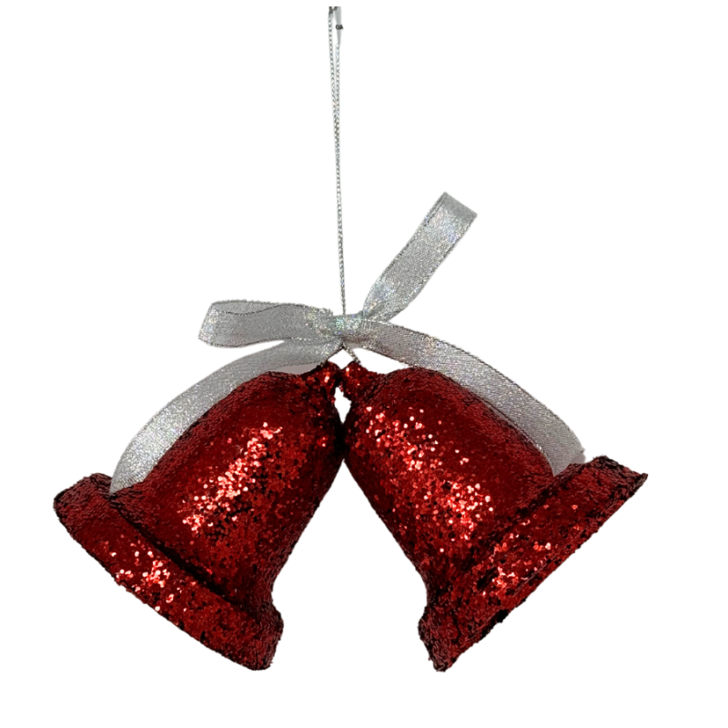 8" Glitter Retro Bells Ornament- Red