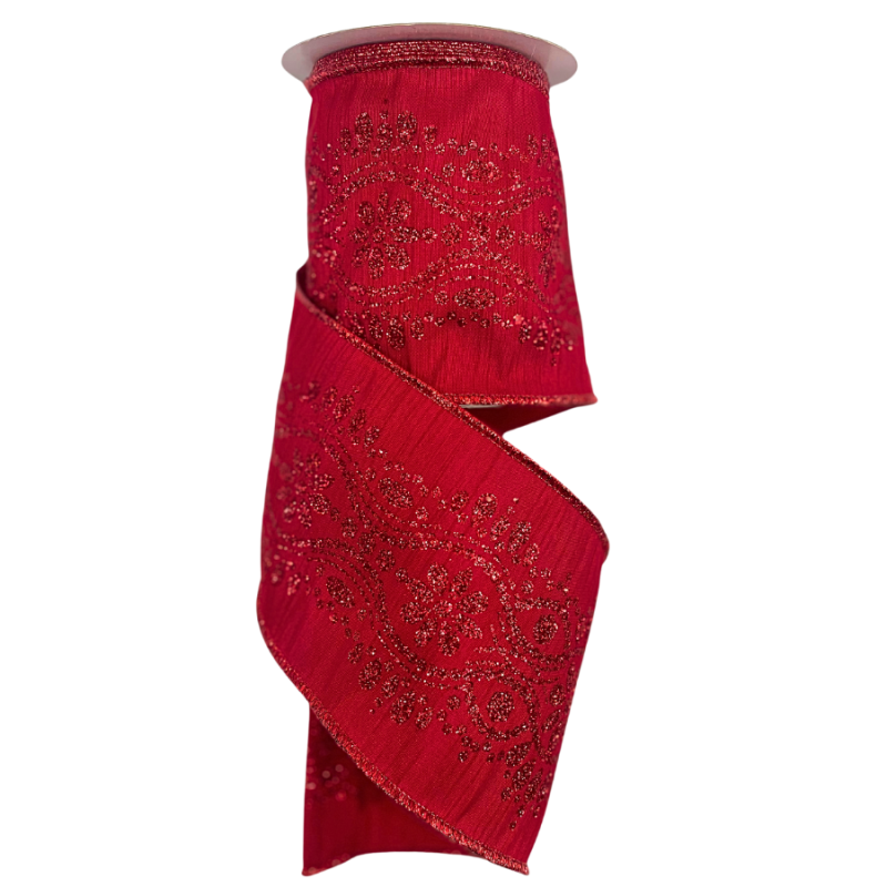 4" x 10yd Glitter Design on Red Ribbon