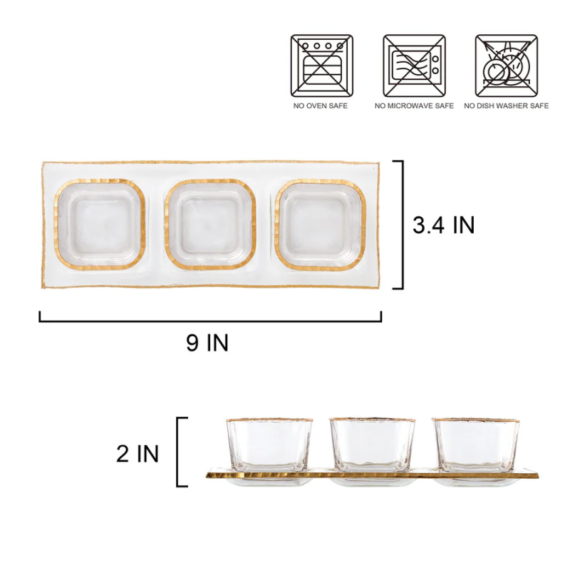 Gold Rim Cube Glass Bowls w/ Tray