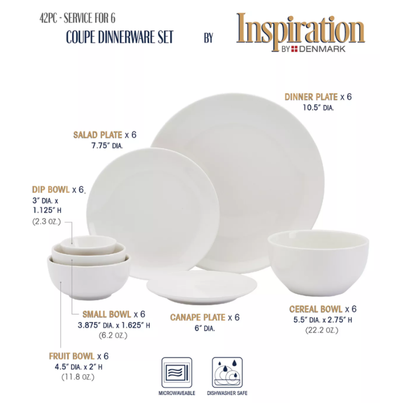 Denmark 42pc Dinnerware Set Service for 6 - White