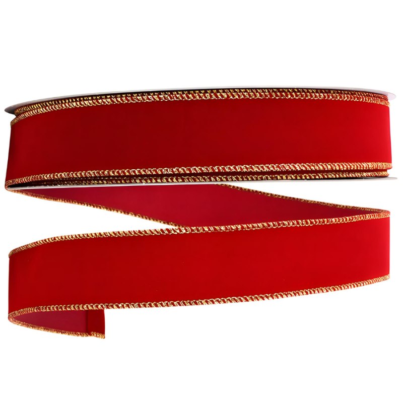 1.5" x 25yd Red Velvet w/ Gold Wired Edge Ribbon